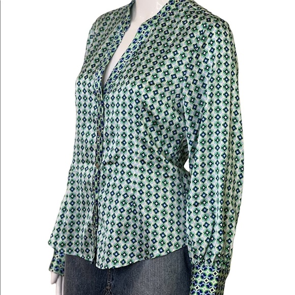 Zara Women Size M Blouse Collarless Long Sleeve Shirt Blue Green Geometric New - Picture 12 of 13